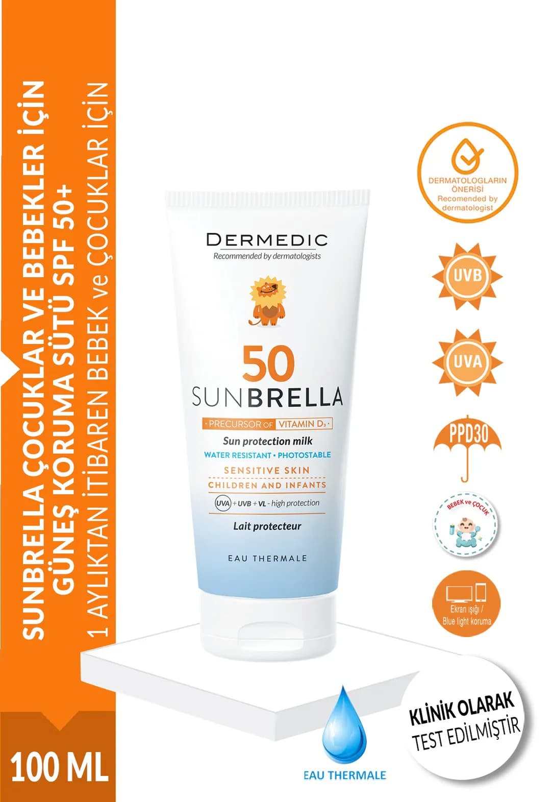 DERMEDİC SUNBRELLA ÇOCUKLAR VE BEBEKLER İÇİN GÜNEŞ KORUMA SÜTÜ SPF 50+ 100 ML 