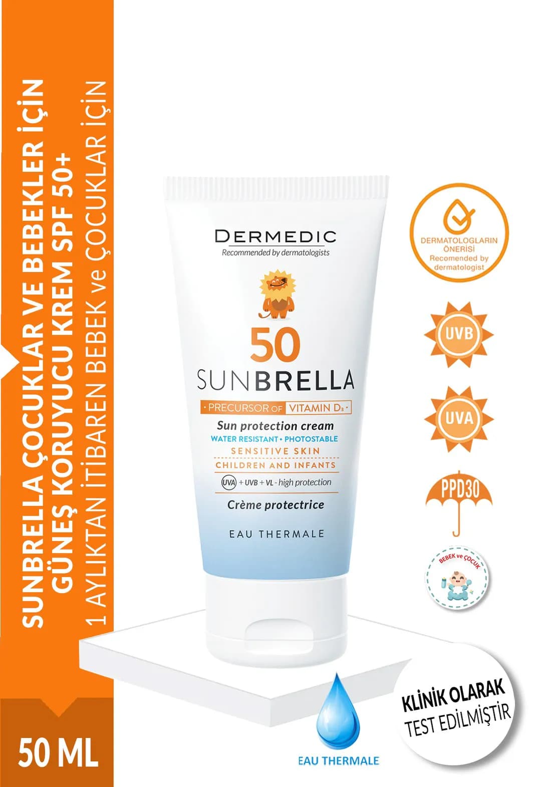DERMEDİC SUNBRELLA ÇOCUKLAR VE BEBEKLER İÇİN GÜNEŞ KORUYUCU KREM SPF 50+ 50 ML 