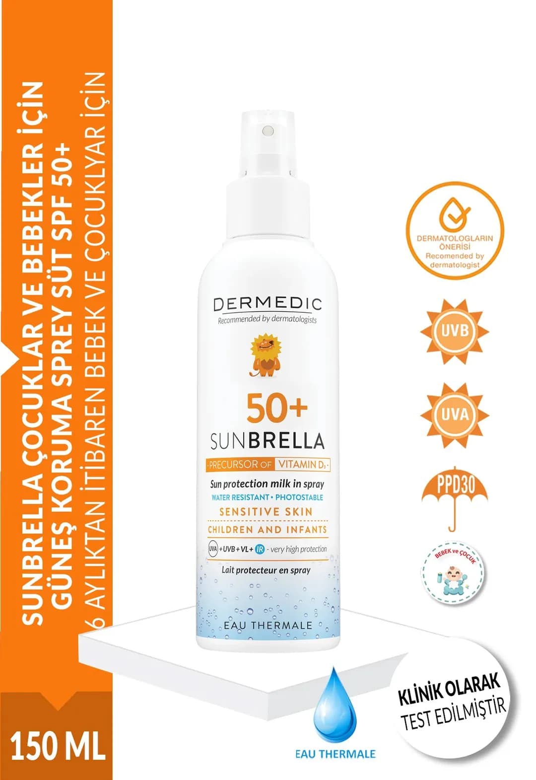 DERMEDİC SUNBRELLA ÇOCUKLAR VE BEBEKLER İÇİN GÜNEŞ KORUMA SPREY SÜT SPF 50+ 150 ML 